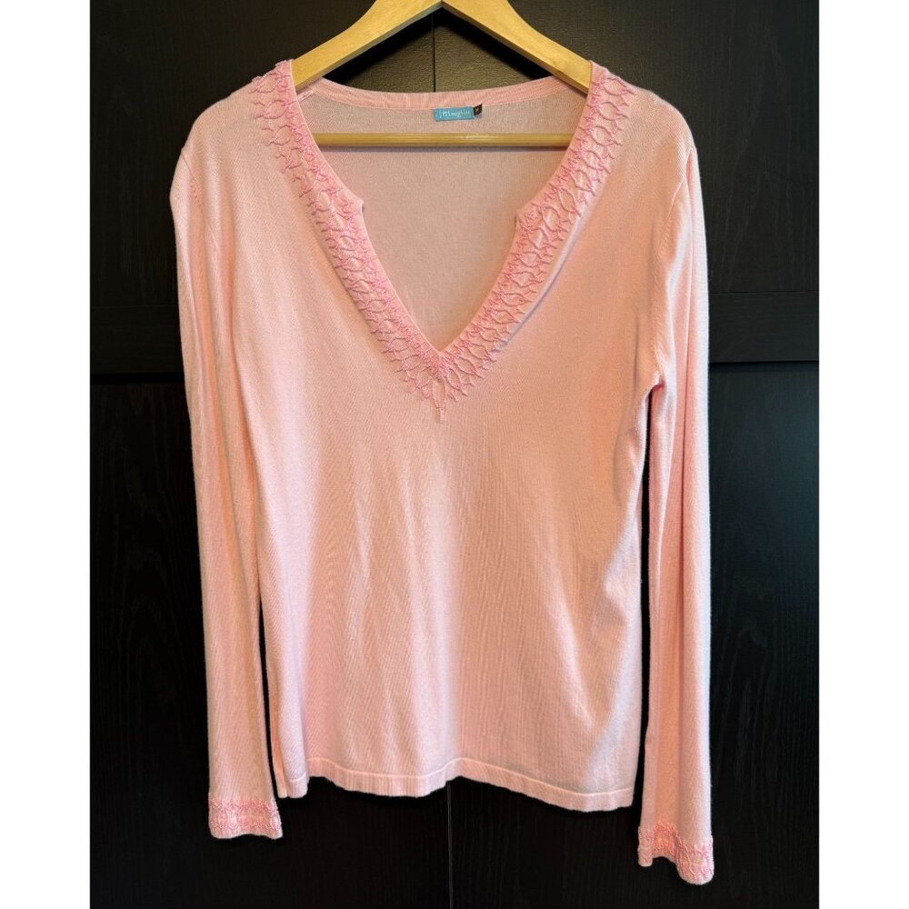 J. McLaughlin Women's Beaded V-Neck Long Sleeve Pink Blouse Medium Preppy